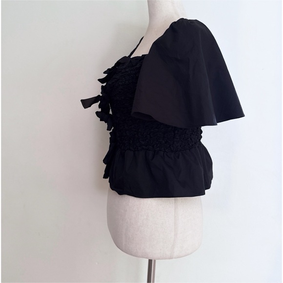 NWT Anthropologie x Mare Mare Bow-Front Tied Bows Blqck Smocked Peplum Blouse S - Picture 5 of 11